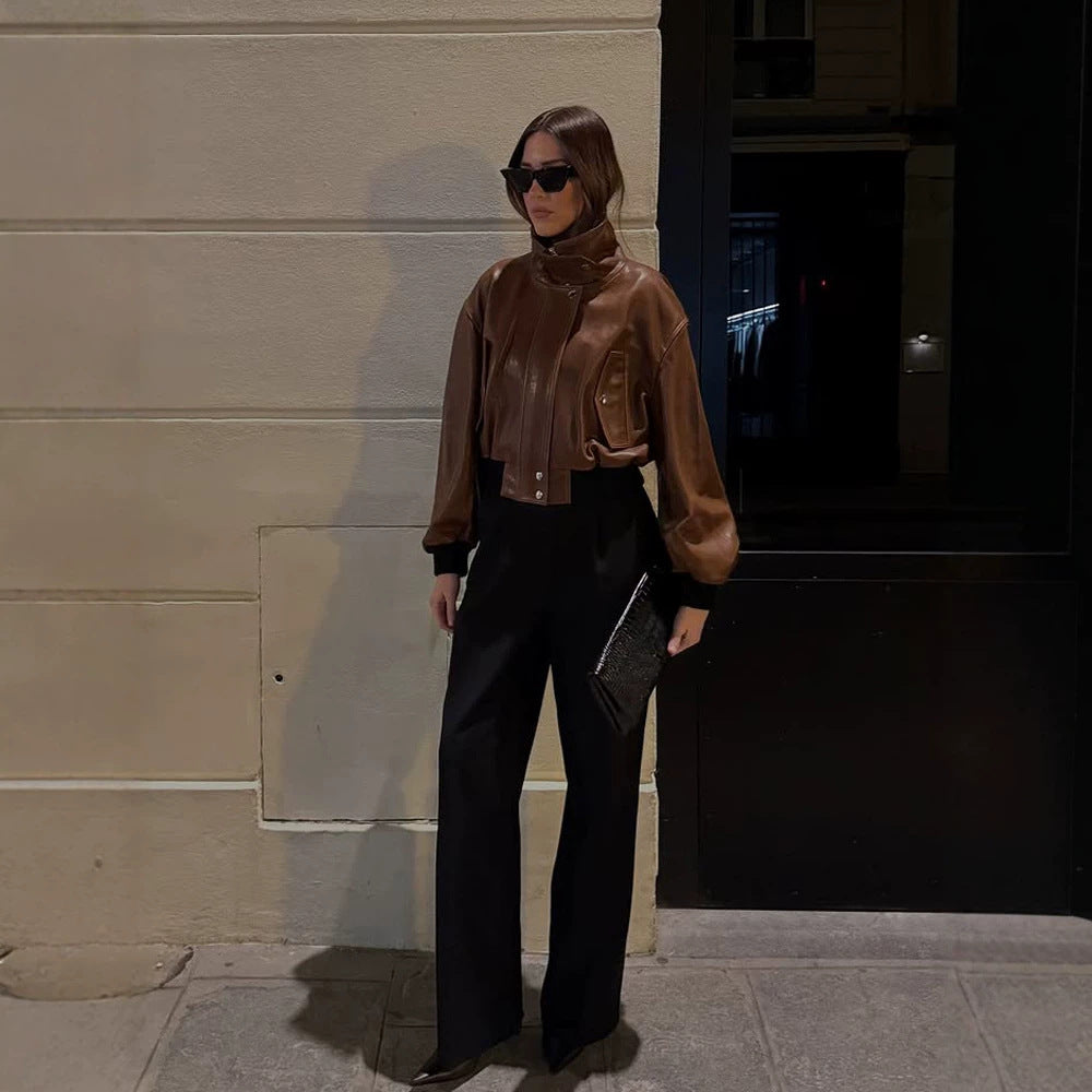 Women's short-cut leather blouse jacket with high stand-up collar and balloon sleeves EVA-US