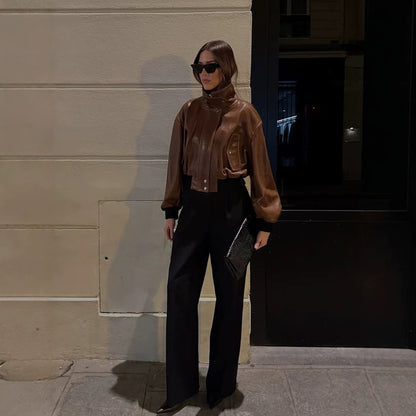 Women's short-cut leather blouse jacket with high stand-up collar and balloon sleeves EVA-US
