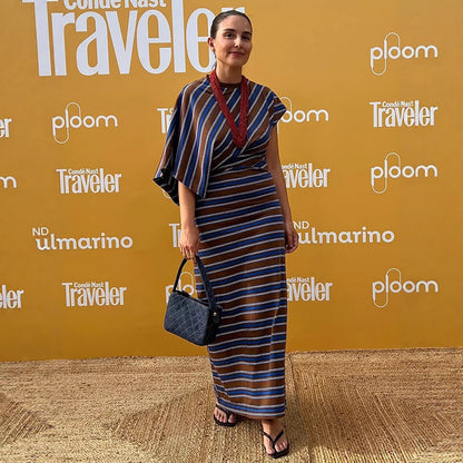 Women Striped Maxi Dress with Asymmetric Cape Sleeves & Tailored Silhouette EVA-US