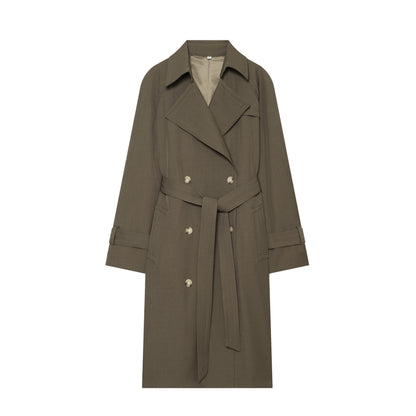 Women Mid-length Double-breasted Trench Coat with Wide Lapels and Waist Tie Belt EVA-US