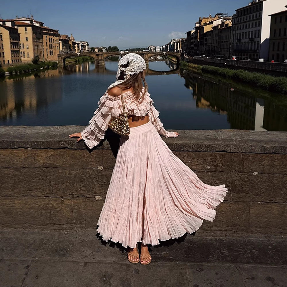 Women's Boho two-piece with crop ruffle top and pleated maxi skirt EVA-US