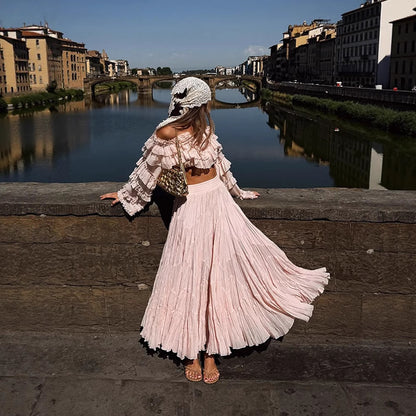 Women's Boho two-piece with crop ruffle top and pleated maxi skirt EVA-US