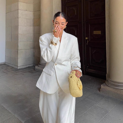 Women's Oversized Linen Blazer with Structured Shoulder and Tailored Hem EVA-US