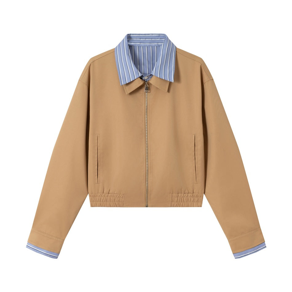 Women's short jacket with contrasting shirt collar, concealed zipper, and elastic hem EVA-US