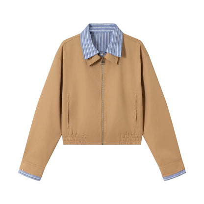 Women's short jacket with contrasting shirt collar, concealed zipper, and elastic hem EVA-US