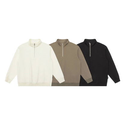 Unisex Structured Waffle Knit Half Zip Pullover with Stand Collar and Ribbed Cuffs EVA-US