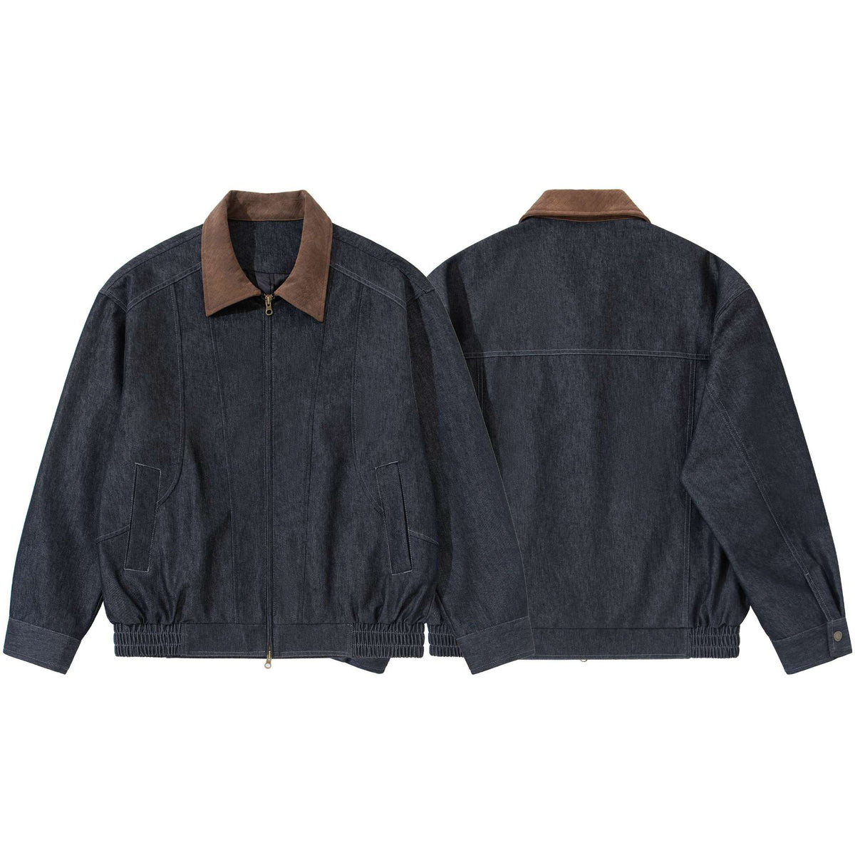 Men's Boxy Denim Blouson Jacket with Suede Collar and Elastic Hem EVA-US