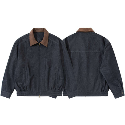 Men's Boxy Denim Blouson Jacket with Suede Collar and Elastic Hem EVA-US