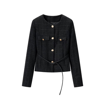 Ladies short jacket made of bouclé tweed with round neck, golden decorative buttons and tie belt EVA-US
