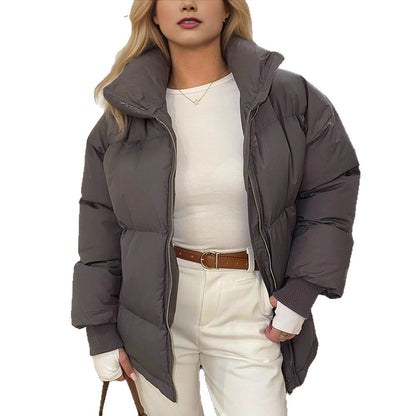 Women Short Tailored Puffer Jacket with Ribbed Cuffs and High Stand-Up Collar EVA-US