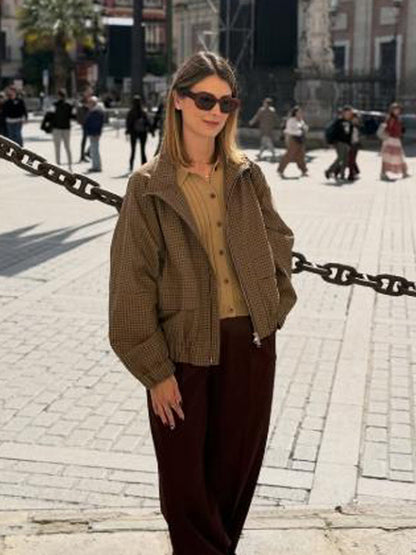 Women's Boxy Short Jacket in Glencheck with Elastic Hem and Zipper EVA-US