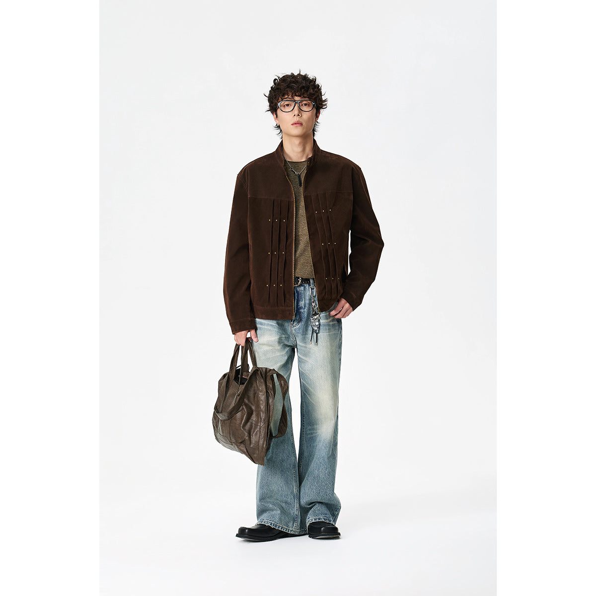 Men's Velour Leather Look Blouson Jacket with Pleated Yoke and Stud Detail EVA-US