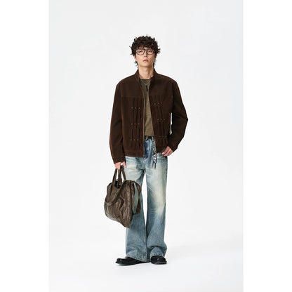 Men's Velour Leather Look Blouson Jacket with Pleated Yoke and Stud Detail EVA-US