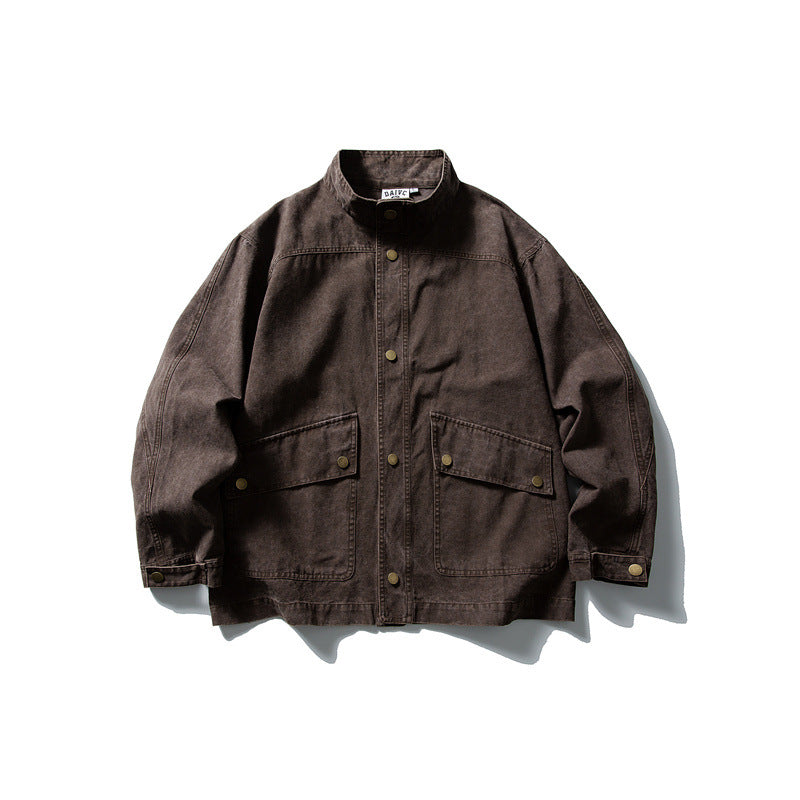 Unisex cleverly tailored canvas worker blouson jacket with stand-up collar and snap button front EVA-US