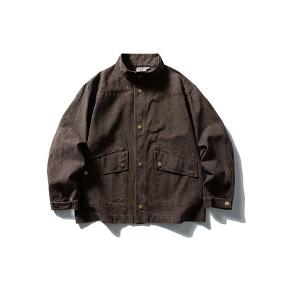 Unisex cleverly tailored canvas worker blouson jacket with stand-up collar and snap button front EVA-US