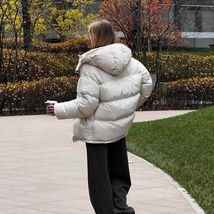 Ladies Short Windproof Quilted Puffer Jacket with Removable Hood and High Stand Collar EVA-US