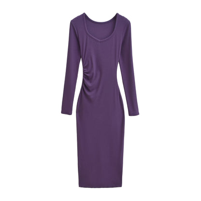 Women's Fitted Midi Dress with Side Ruching and Double Neckline EVA-US