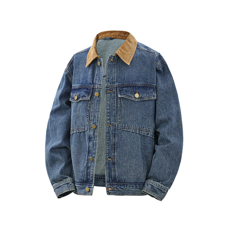 Men's Boxy Denim Blouson Jacket with Cord Collar and Multi-Function Flap Pockets EVA-US