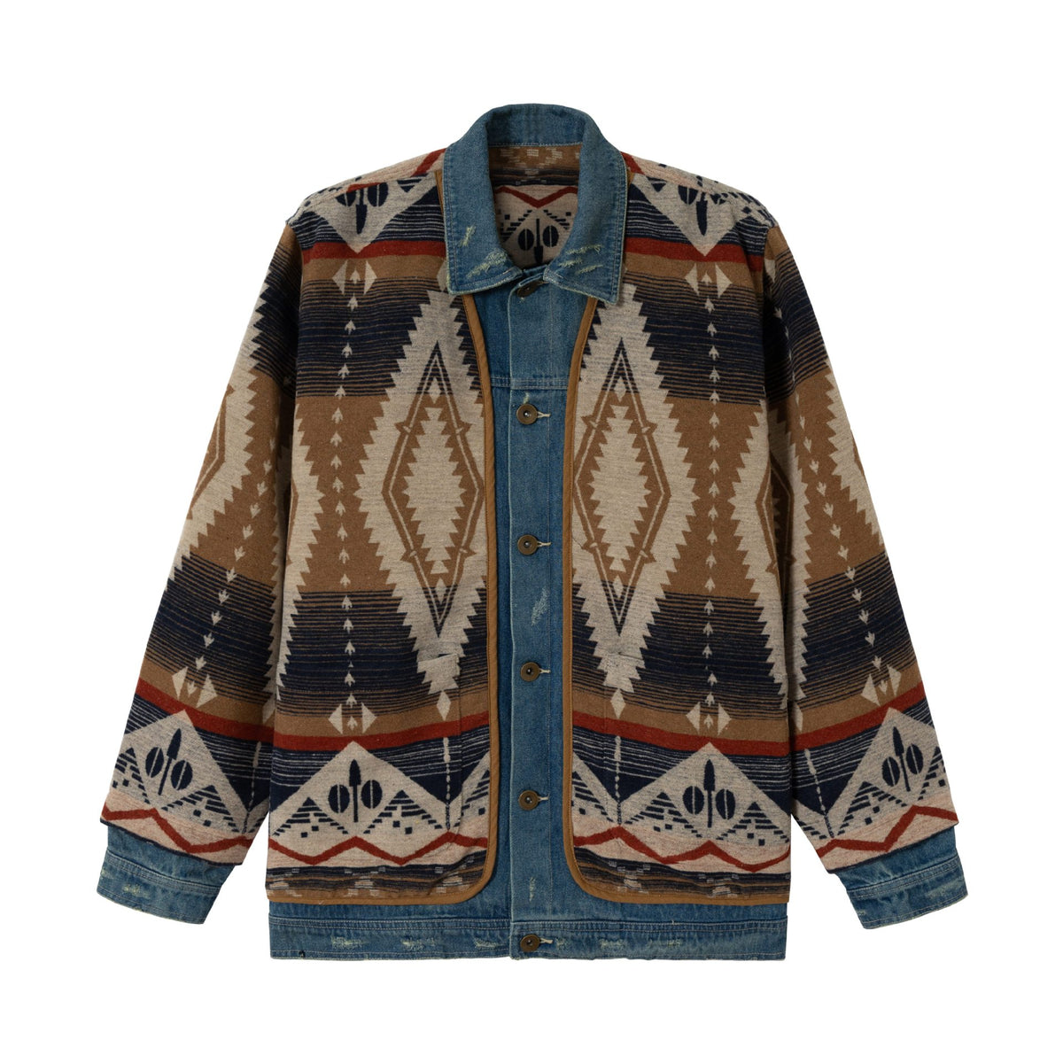 Unisex Short Woven Aztec Cardigan with Denim Trim EVA-US