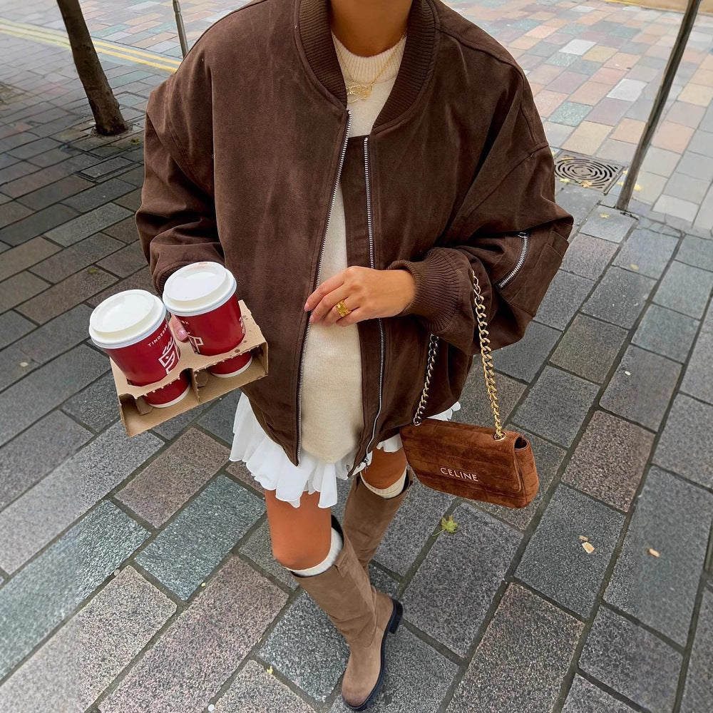 Women's Oversize Suede Bomber Jacket with Zipper & Ribbed Cuffs EVA-US