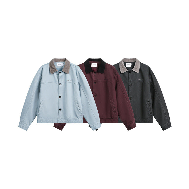 Unisex Short Cut Boxy Denim Jacket with Corduroy Collar and Side Pockets EVA-US