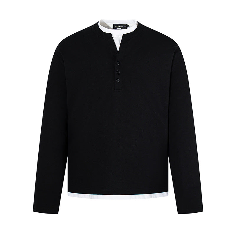 Men's Long-Sleeve Henley Layer Shirt with Contrasting Inner Collar and Modern Regular Fit EVA-US