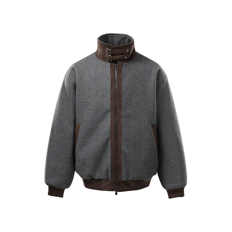 Men's short-cut boxy bomber made of wool blend with high buckle collar and velour trim EVA-US