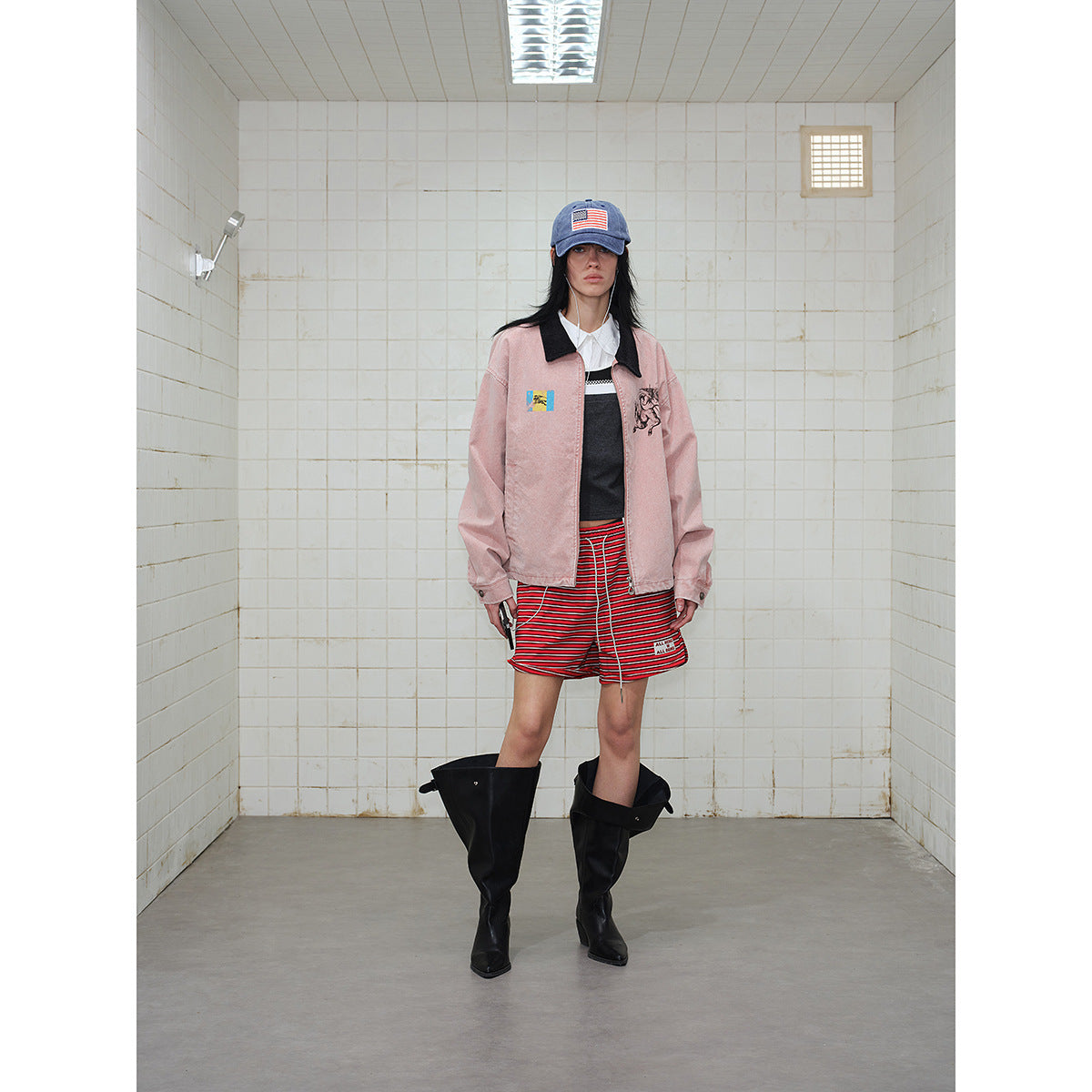 Unisex Boxy Blouson Jacket made of washed cotton twill with cord collar and print details EVA-US