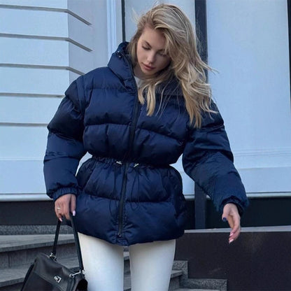 Women Padded Hooded Quilted Jacket with Waist Drawstring and Boxy Sleeves EVA-US