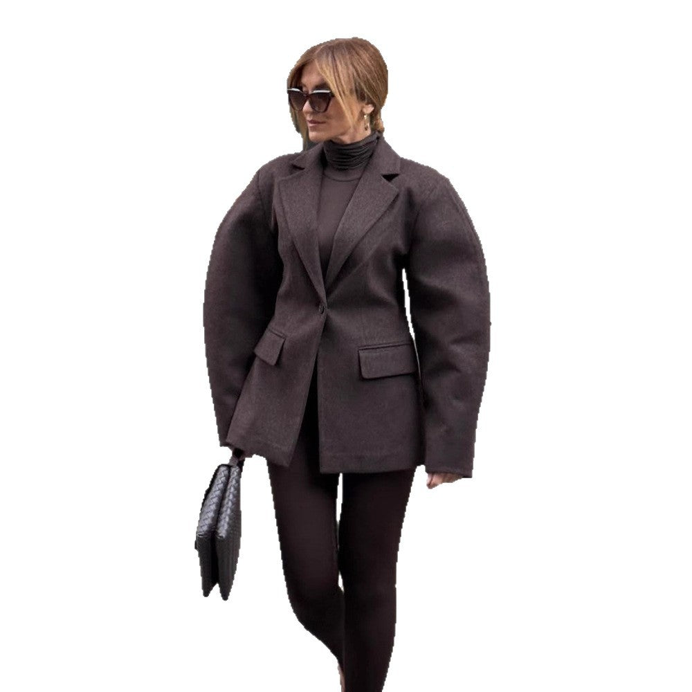 Ladies Oversize Structured Blazer with Emphasized Shoulder and Voluminous Sleeves EVA-US