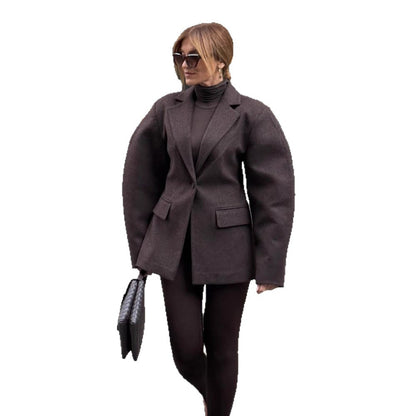 Ladies Oversize Structured Blazer with Emphasized Shoulder and Voluminous Sleeves EVA-US