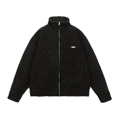 Men's short-cut boxy wool fleece jacket with high stand-up collar and full-length zipper EVA-US