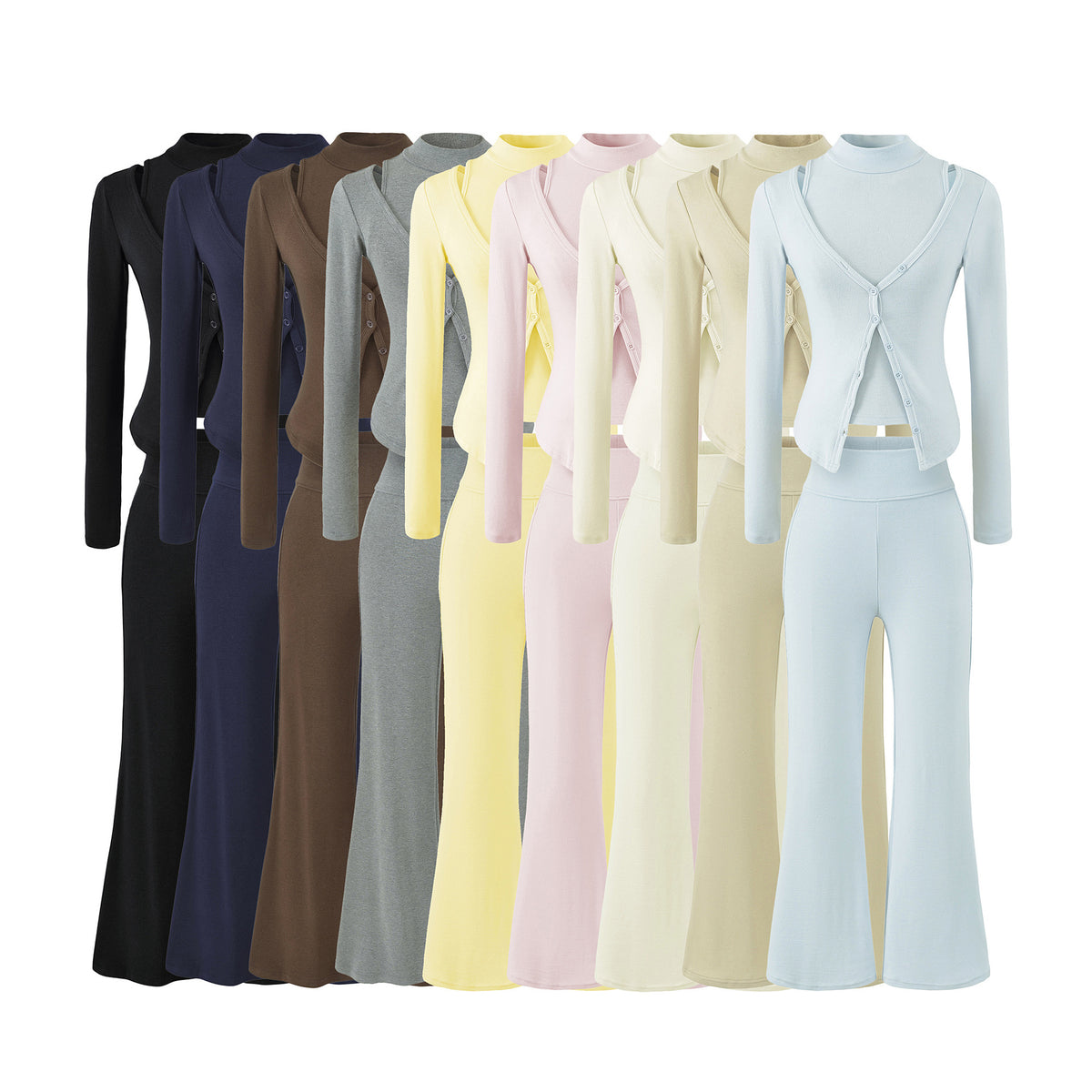 Women Figure-Hugging Layering Set with Turtleneck Long Sleeve and Asymmetrical Button Jacket and Flared High-Waist Pants EVA-US
