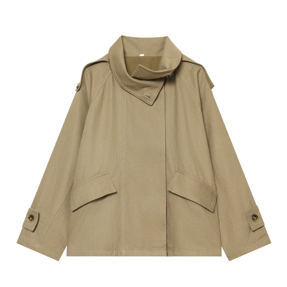Women's Short Oversized Cape Trench Coat with High Funnel Collar and Utility Patch Pockets EVA-US