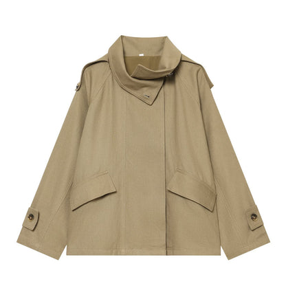Women's Short Oversized Cape Trench Coat with High Funnel Collar and Utility Patch Pockets EVA-US