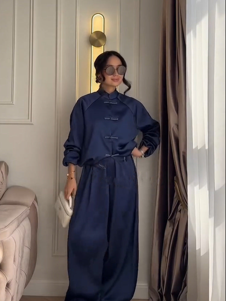 Women Satin Two-Piece with traditional toggle closures and wide pant skirt EVA-US
