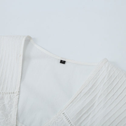 Women's blouse with V-neckline, broderie embroidery, and voluminous puff sleeves EVA-US