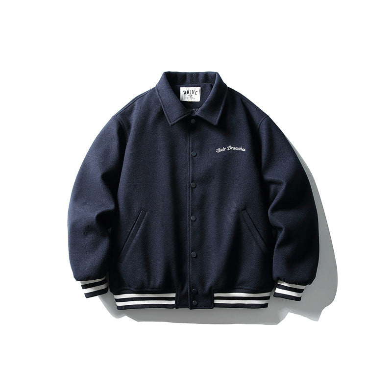 Men's Boxy College Blouson Jacket made of wool blend with snap button closure and striped ribbed cuffs EVA-US