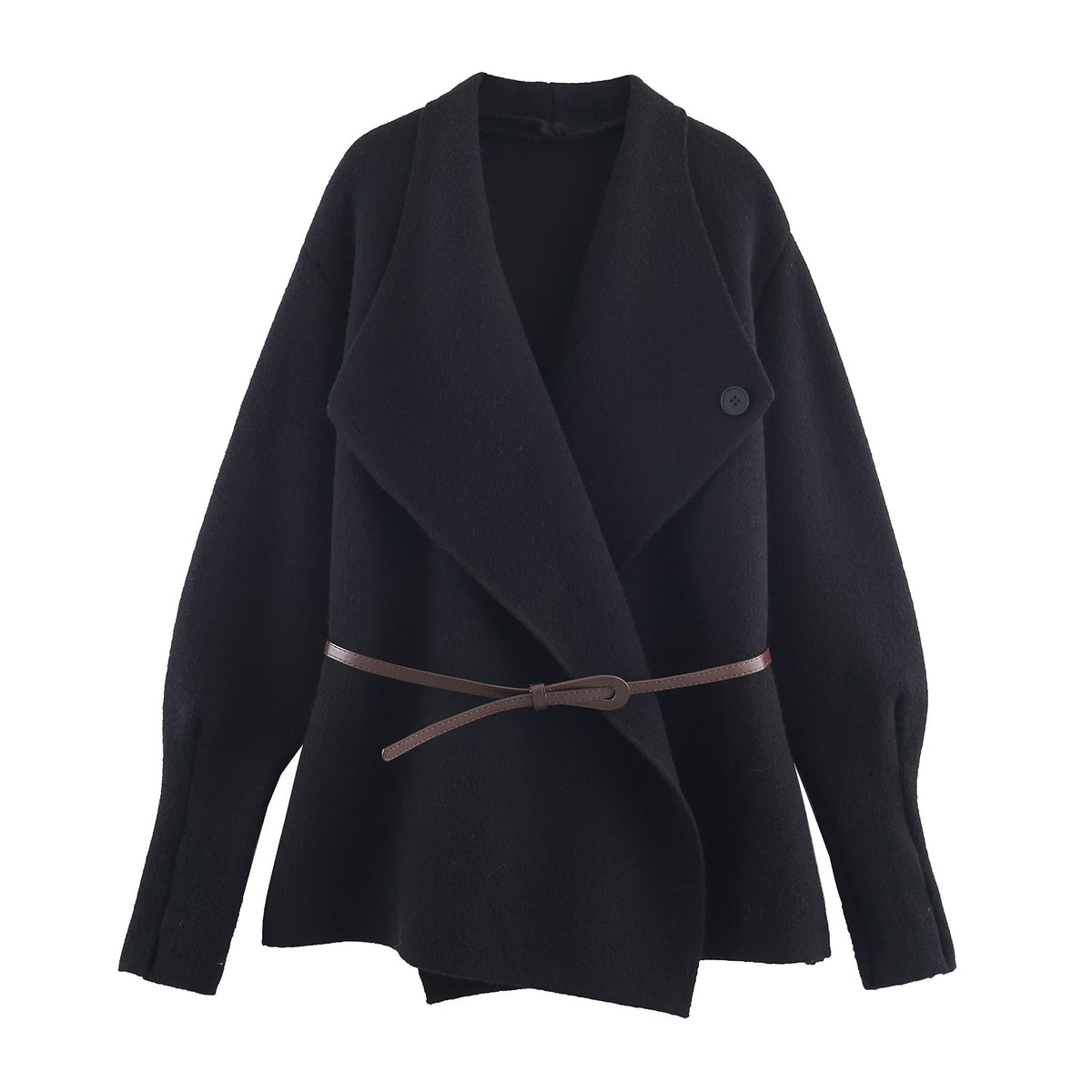 Women's Short Cut Wool Blend Cardigan Coat with Wide Shawl Collar and Narrow Tie Belt EVA-US