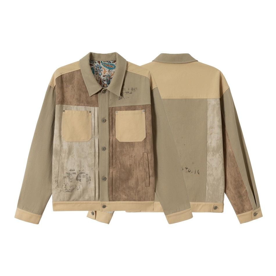 Men's Patchwork Canvas Blouson Jacket in Vintage Look with Contrast Pockets and Paisley Lining EVA-US