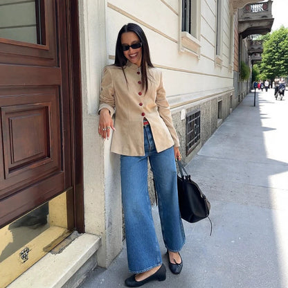 Women Tailored Suede Blazer with Stand Collar and Decorative Buttons EVA-US