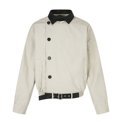 Men's short-cut boxy blouson with asymmetrical button placket, waist belt, and contrast collar EVA-US