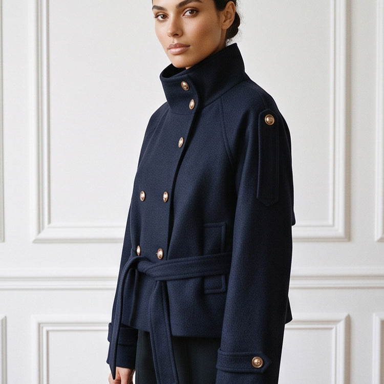 Women Short Double-Breasted Coat with Stand Collar and Tied Belt EVA-US