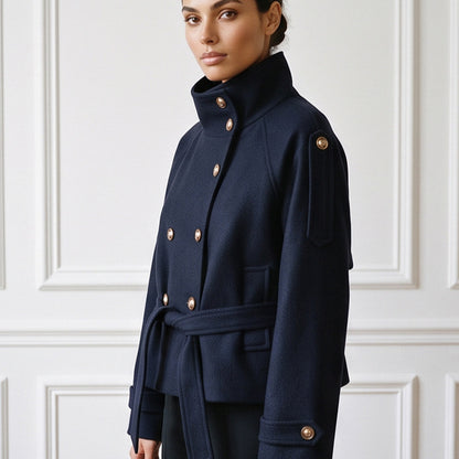 Women Short Double-Breasted Coat with Stand Collar and Tied Belt EVA-US