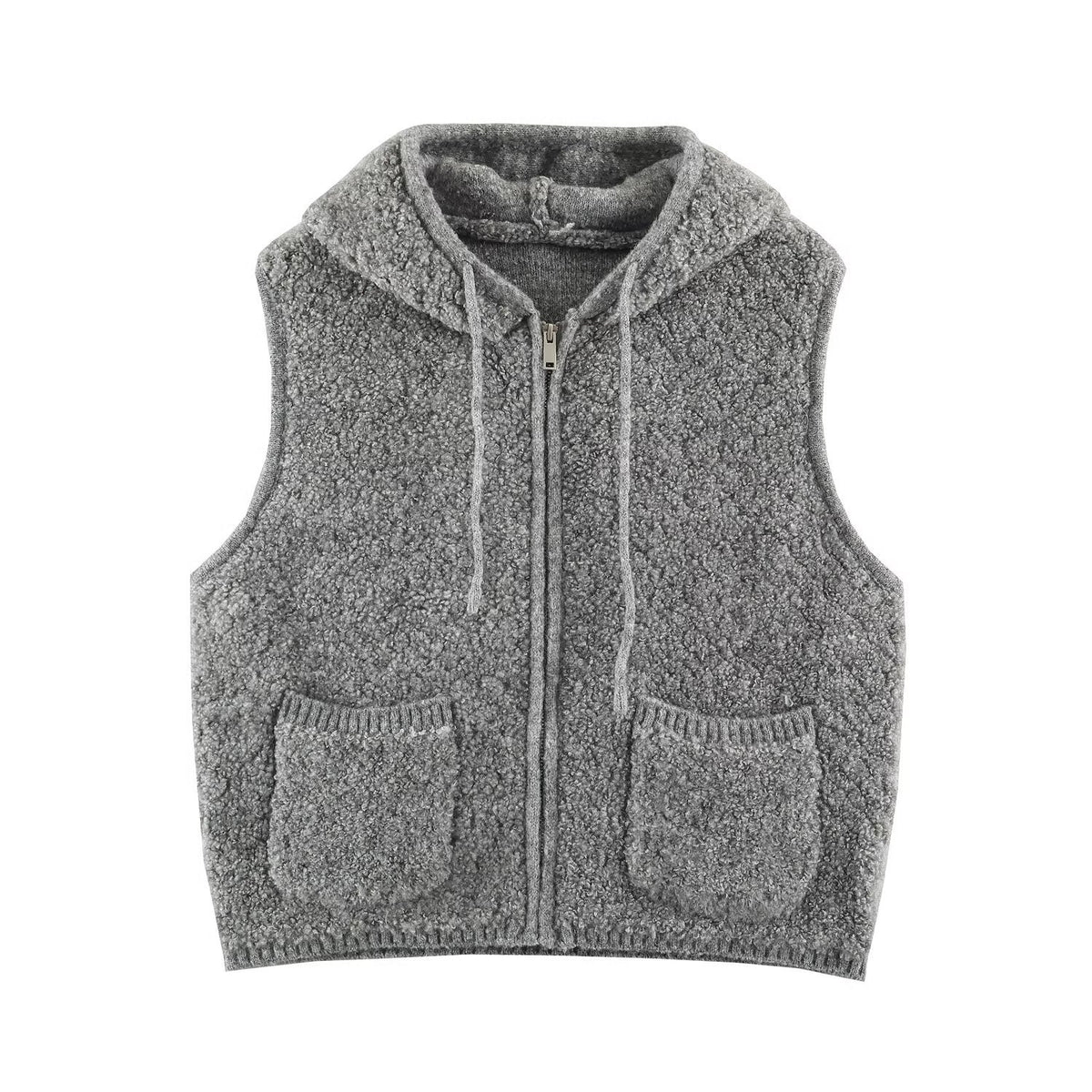 Women's Teddy Fleece Vest with Hood, Zipper and Patch Pockets EVA-US