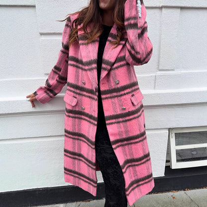 Women Mid-length checked wool blend coat with double-breasted button placket and shawl collar EVA-US