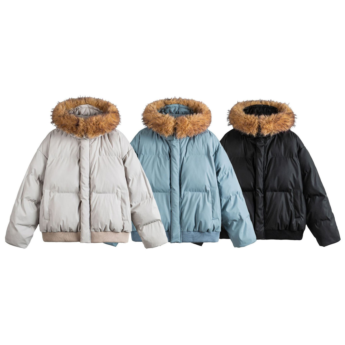 Women's short cropped quilted jacket with faux fur hood and elastic hem EVA-US