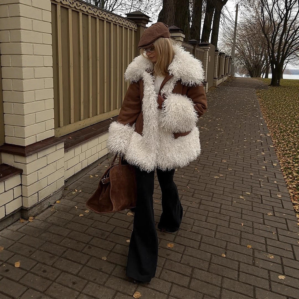 Women's short coat in lamb fur look with voluminous curly collar and contrast trim EVA-US