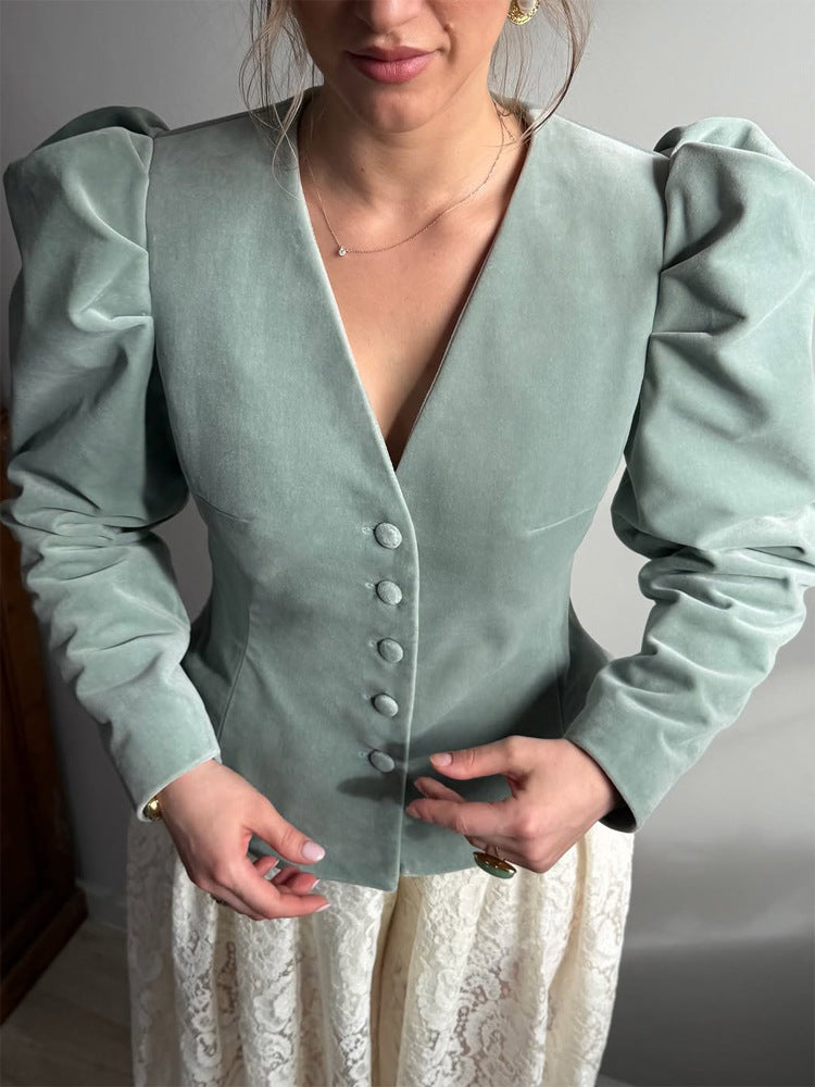 Women's Tailored Velvet Blazer with Emphasized Waist, V-Neck and Voluminous Puff Sleeves EVA-US