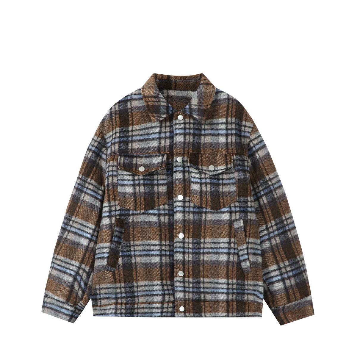 Women's short-cut checked overshirt jacket made of wool mix with snap button front and flap pockets.